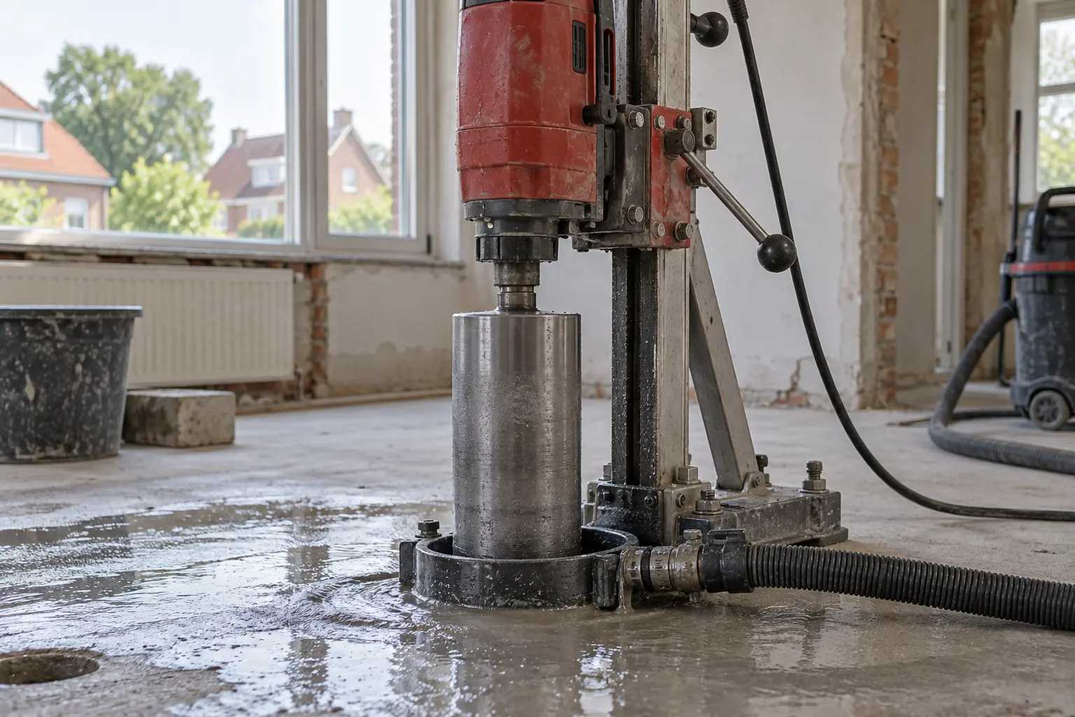 Een diamantboor op statief bij betonwerk